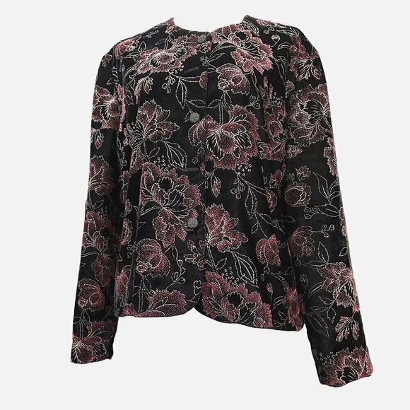 Norton McNaughton Womens Velvet Floral Metallic Vintage Blazer Jacket Blk. Sz 14 - Picture 2 of 7